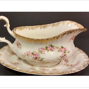 Dimity Rose Gravy Boat & Tray / Under Plate Syrup Sauce Royal Albert England